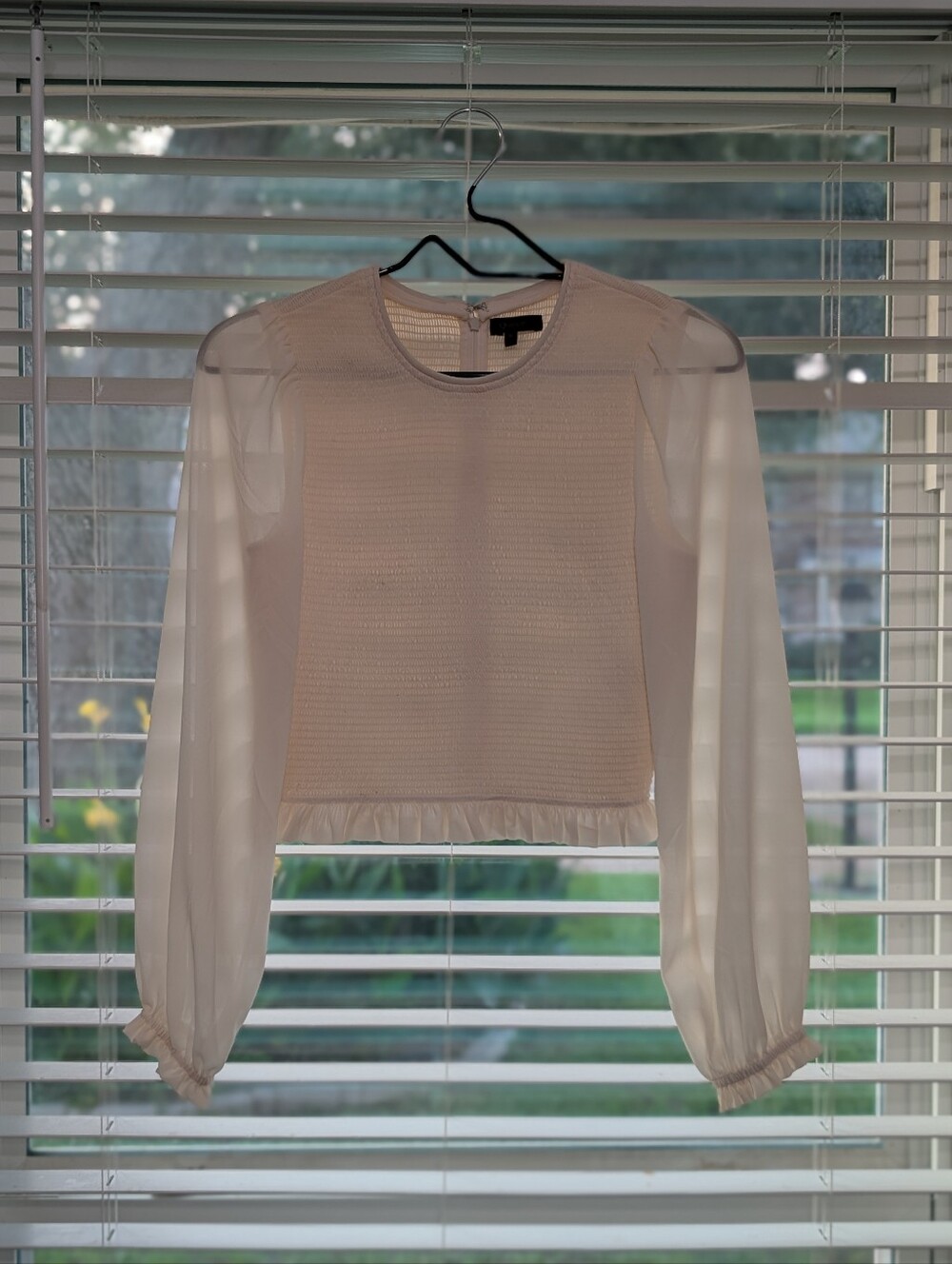 Quince Ivory Smocked Chiffon Blouse Size S Long Balloon Sleeve Cottage Old Money - Picture 4 of 12